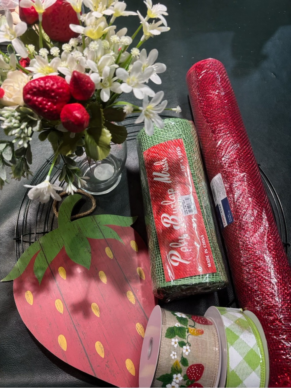 Strawberry-Themed Red & Green Party Mesh and Ribbon Set